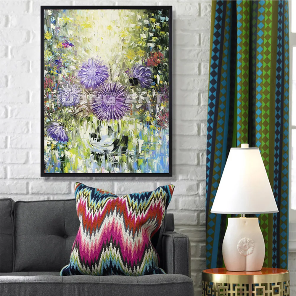 New Arrival Art Handmade Purple Dandelion Oil Painting on Canvas for Room Decor Modern Knife Flower Tree Landscape Hang | Дом и сад