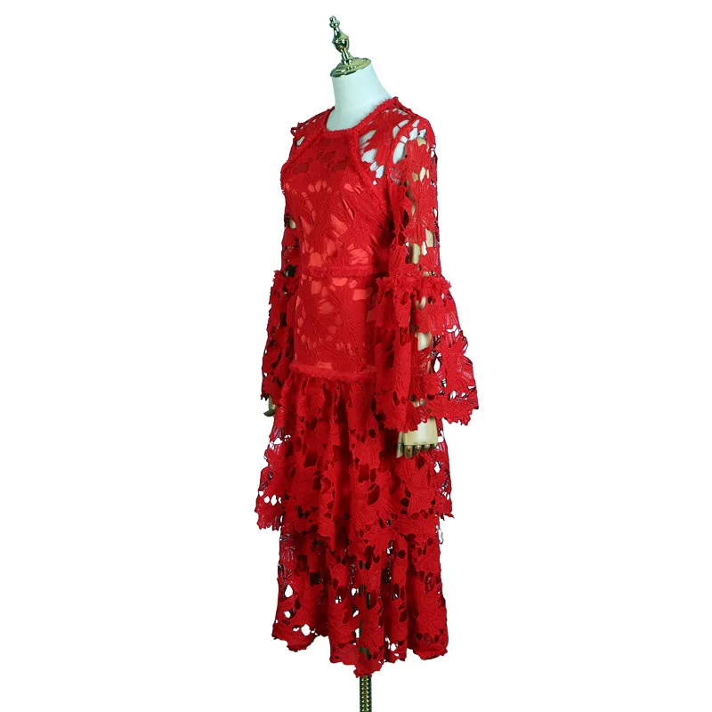 2019 Лето Boho Цветочные женские красные платье длины макси с кружевами Подиум