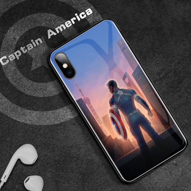 Marvel Coque роскошный стеклянный чехол для телефона Железный человек Америка Капитан силиконовый чехол для iPhone 6 6s 7 8 Plus X XS Max XR Мстители Funda - Цвет: America Captain