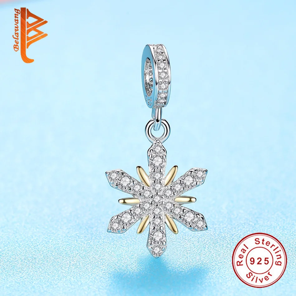 Высокое качество серебряные бусины 925 пробы золотой цвет кристалл снежинка