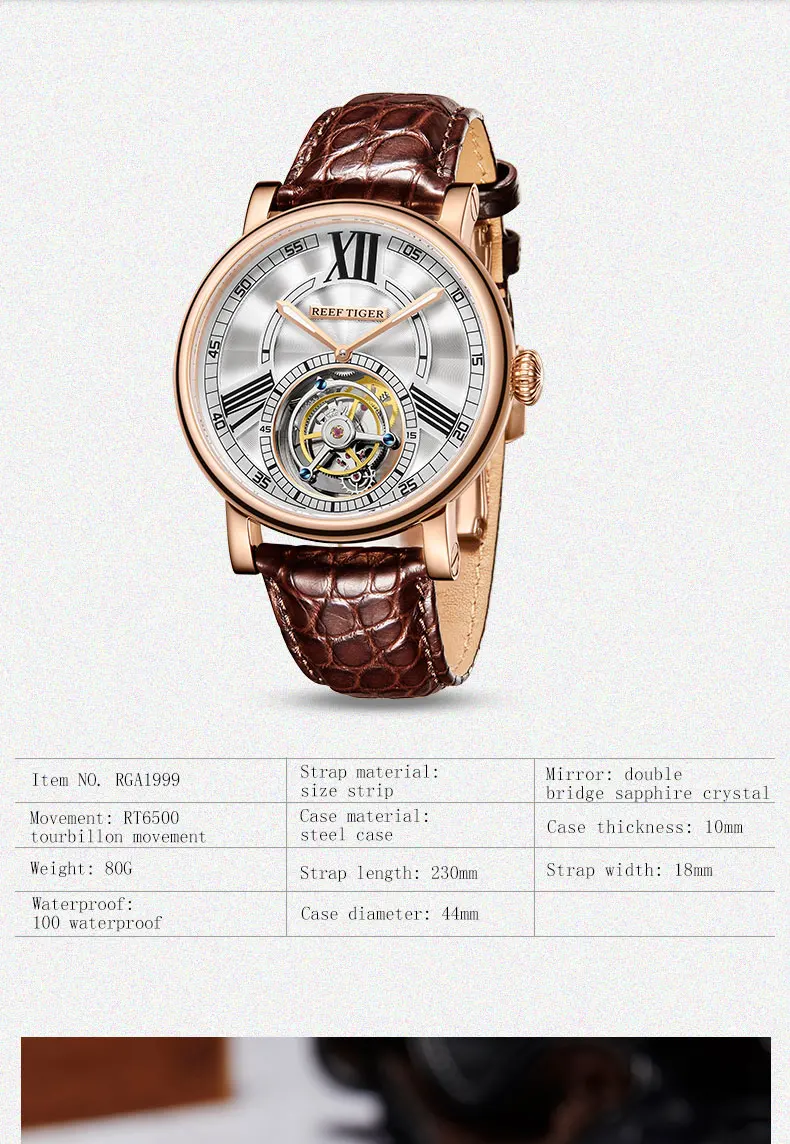Риф Тигр/RT Роскошные мужские часы Tourbillon автоматические часы стальной ремешок аллигатора водонепроницаемые повседневные часы RGA1999