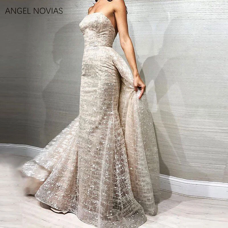 

Floor Length Long Elegant Shiny Silver Women Arabic Evening Dress 2020 with Detachable Skirt Prom Wedding Party Dress