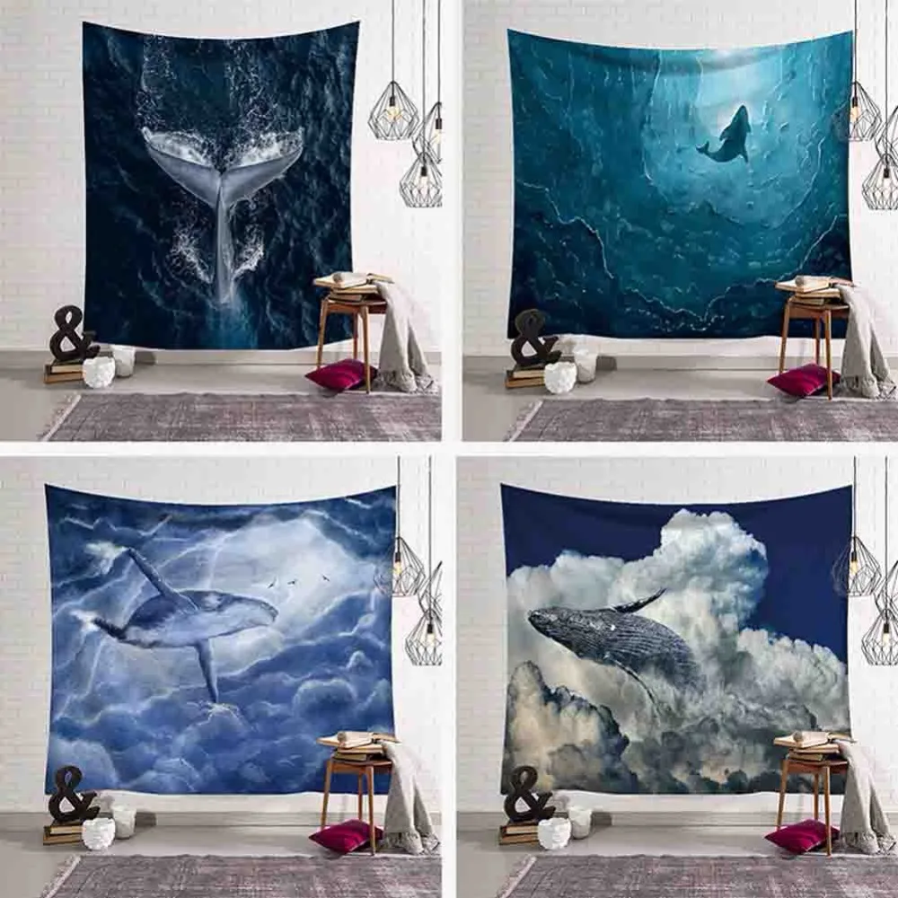 Dancing Whale Printed Wall Hanging Tapestry Shark Blue Sky Sea Tapestries Boho Bedspread Yoga Mat Beach Blanket Home Decorative