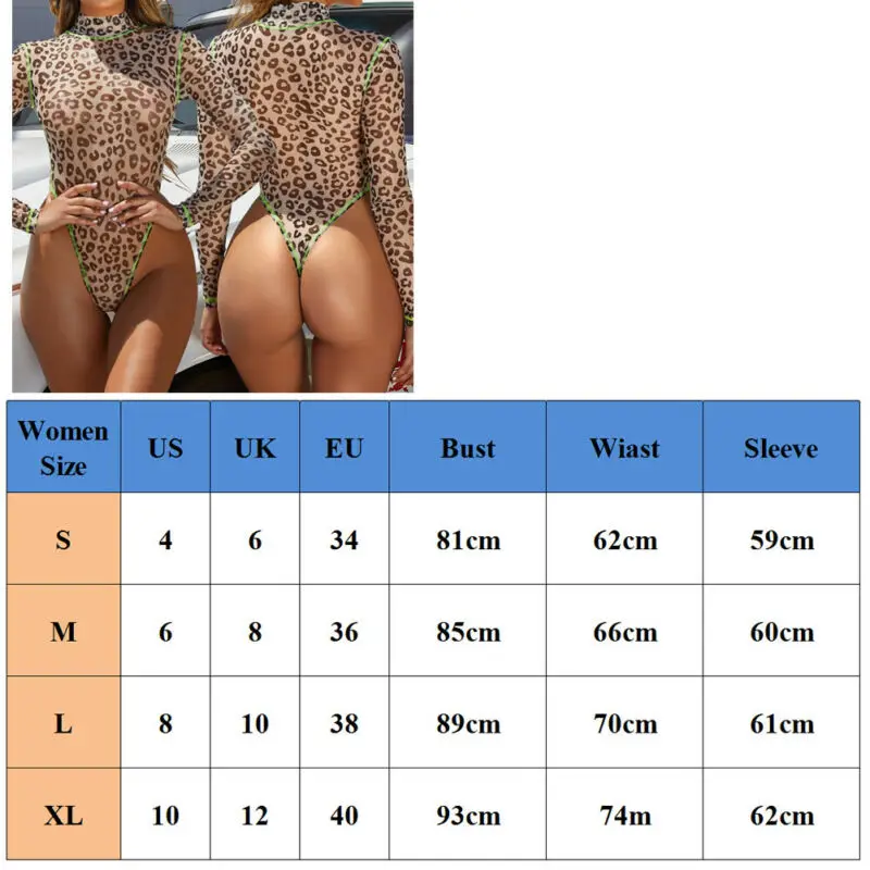 

New Sexy Women Leopard Bodysuit Long Sleeve High Cut Leotard Thong Clubwear Jumpsuit Romper Tops Fashion