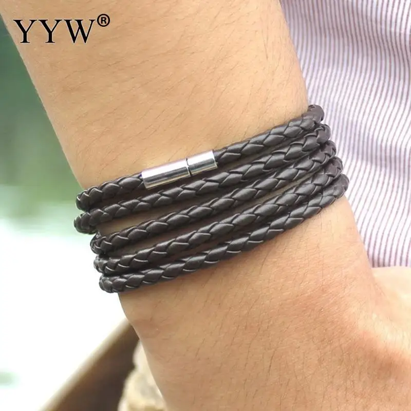 Мужской кожаный плетеный браслет черный/желтый/белый винтажный ручной работы 5