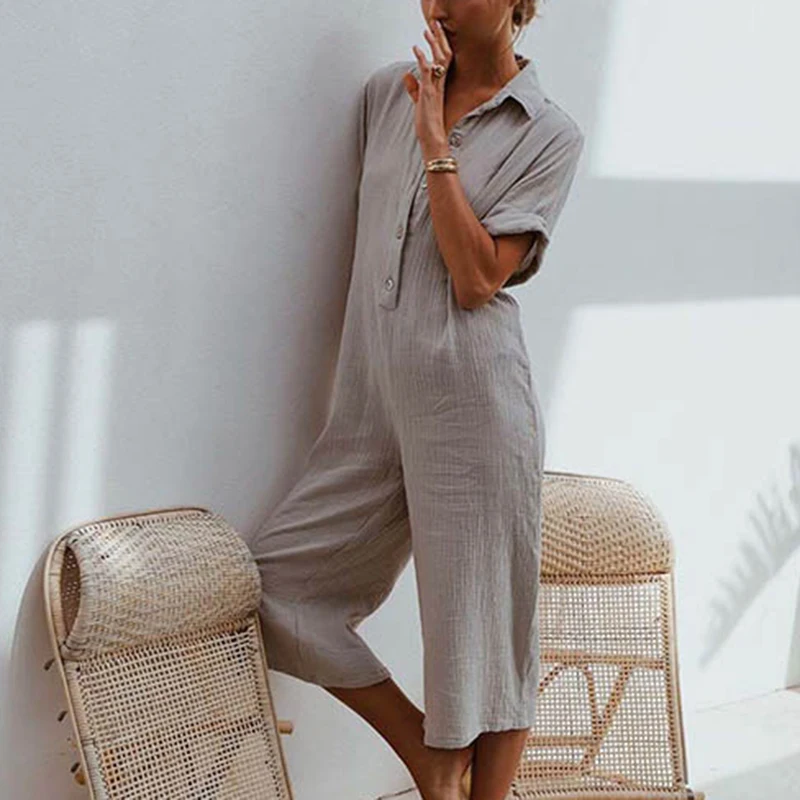 Baggy Jumpsuit Streetwear Clubwear Harem Summer Loose Short Sleeve Casual Buttons Collar Overalls Beach Party Fashion | Женская одежда