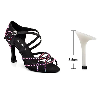 Black 8.5cm SHOYDANC zapatos de baile latino mujer; обувь для латинских танцев; женская обувь из шелкового атласа; профессиональная обувь для сальсы; стразы; обувь для танцев - Цвет: Black 8.5cm