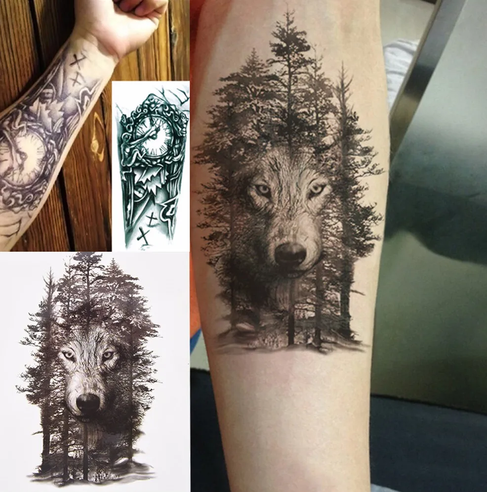 

1Pc Waterproof Temporary Tattoo Sticker Chest Clock Wolf Forest Tatto Stickers Flash Tatoo Fake Tattoos For Women Men