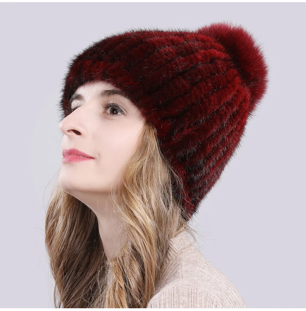 Lovely Real Mink Fur Hat Women Winter Knitted Real Mink Fur Beanies Hats With Fox Fur Pom Poms New Thick Real Mink Fur Cap
