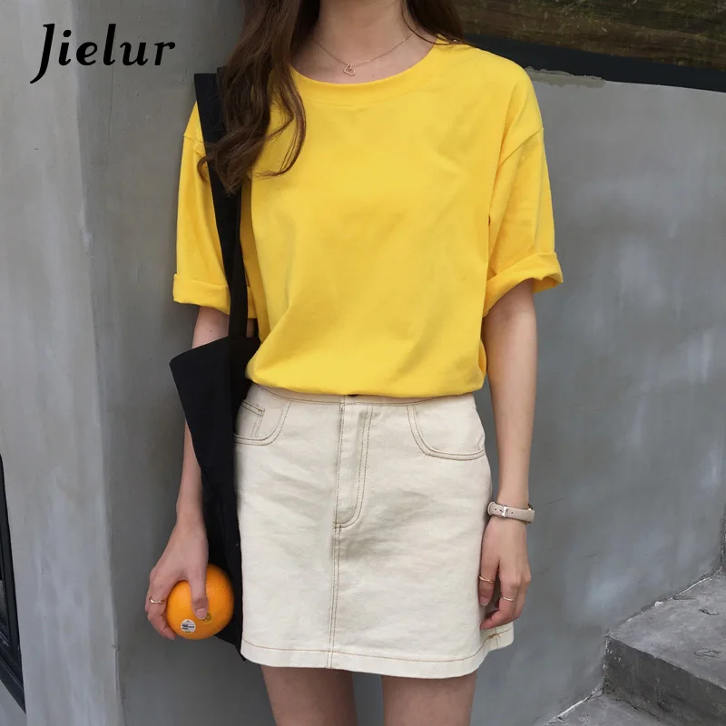 Jielur 10 карамельных цвет одноцветная Корейская футболка для женщин тонкие