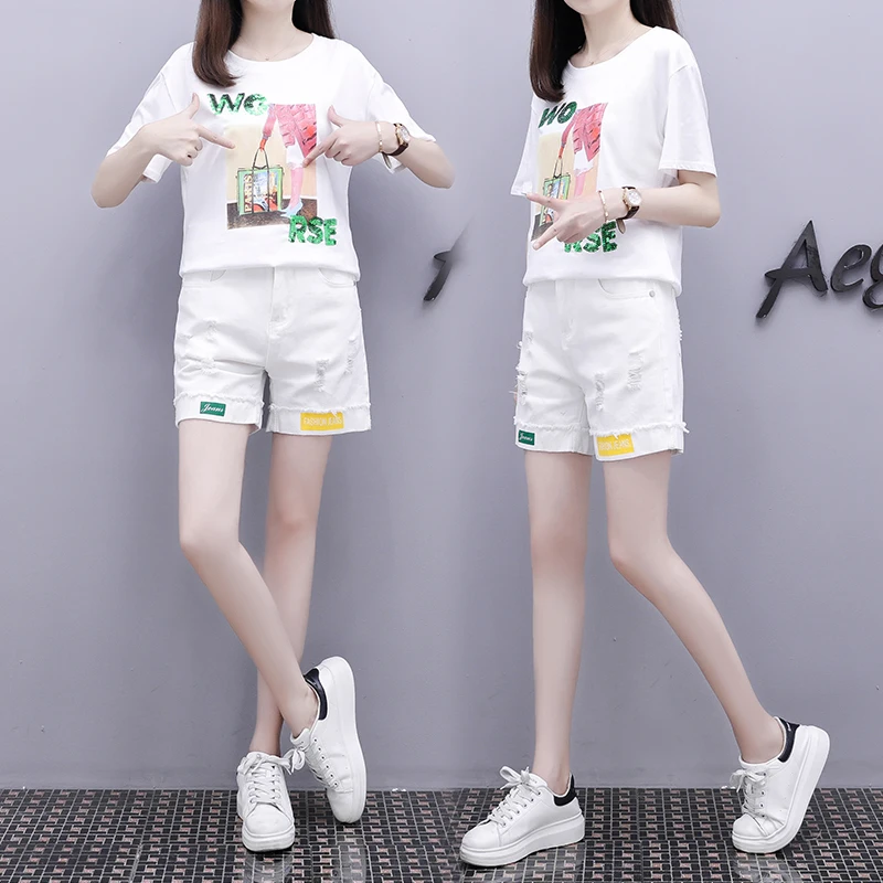 

Suit Women Print Sweatshirt & White Denim Shorts New Summer Fashion Two-Piece Outfit Leisure Girl Clothes Short Pants Set