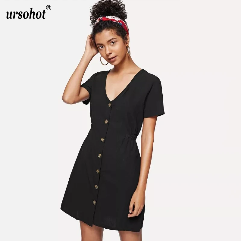 Ursohot/модное повседневное однотонное платье-туника с глубоким v-образным вырезом и