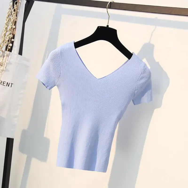 V-neck Slim Knitting Tees Women 2019 Summer Stretch Sweaters Ladies Pullovers Female Tops Grey White Black Knitwear High Quality | Женская