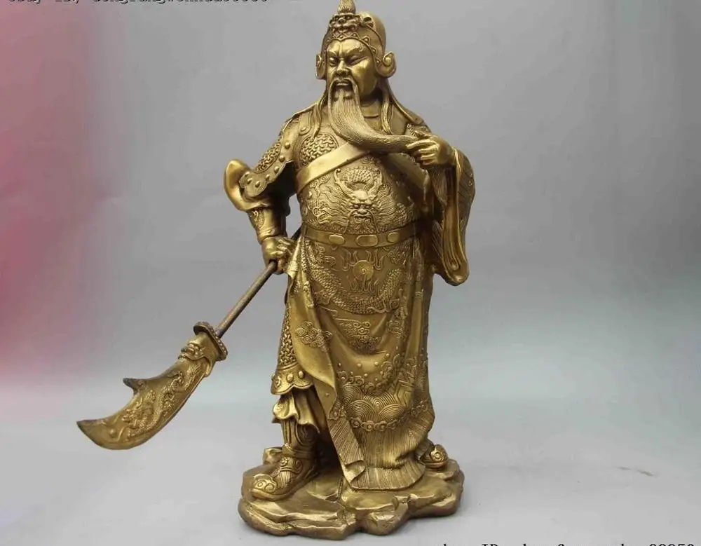 Китайский латунный бронзовый дракон Guangong Guan Gong Yu воин Бог держит нож статуя | Дом