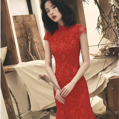 Летнее платье Ципао для свадебной вечеринки, стиль русалки, кружевное qipao - Цвет: C