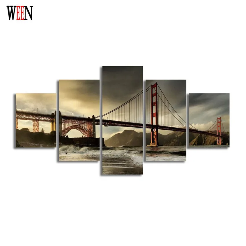 Ночной город холст искусство 5 шт. мост куадро декорацион винтажные современные