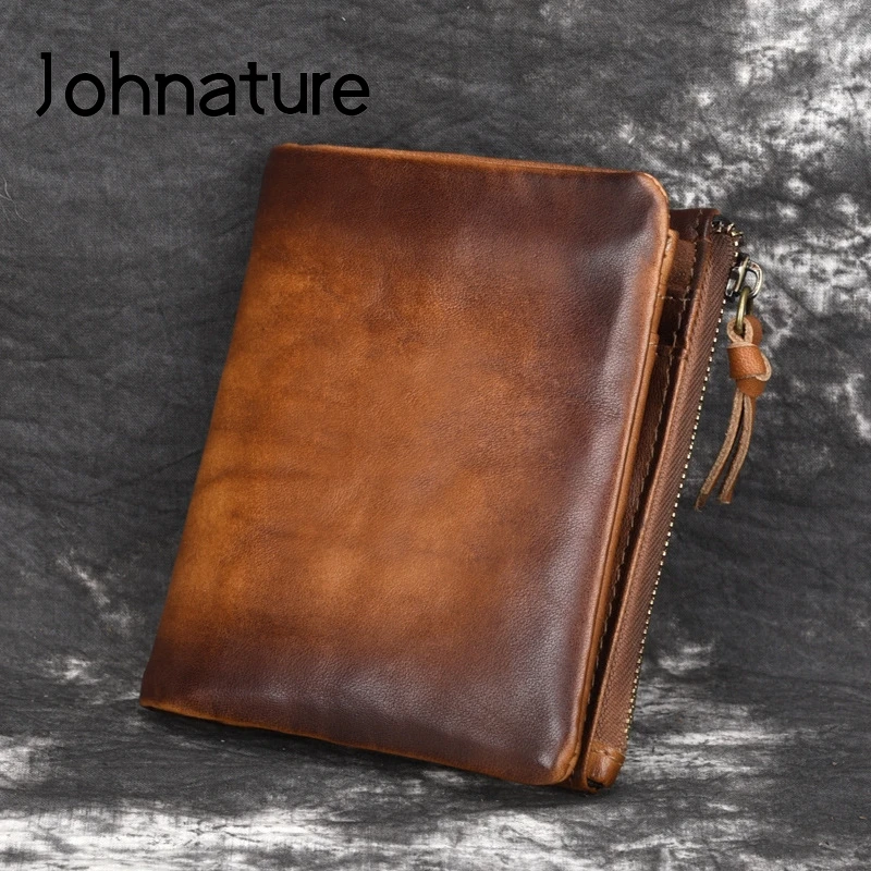 

Мужской кошелек ручной работы Johnature, из натуральной кожи, однотонный, на молнии и застежке, короткий кошелек 2021, держатель для карт, бумажник ...