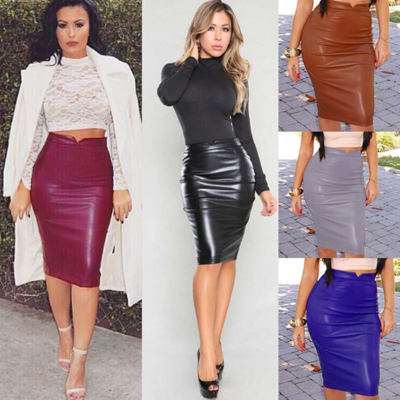 Горячая Женская юбка Сексуальная из искусственной кожи Высокая талия черная