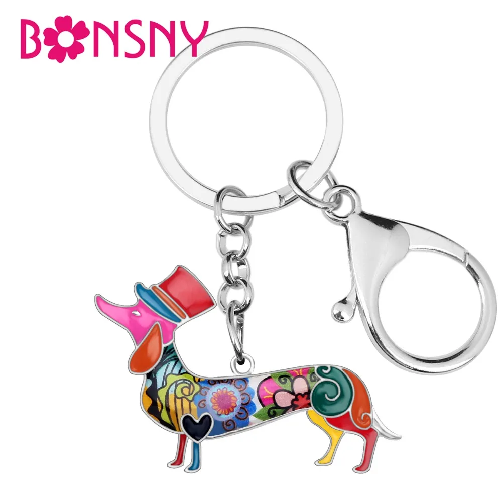 

Bonsny Metal Alloy Elegant Hat Dachshund Dog Key Chains Keychain Keyrings Enamel Pendant Jewelry For Women Girls Bag Car Charms