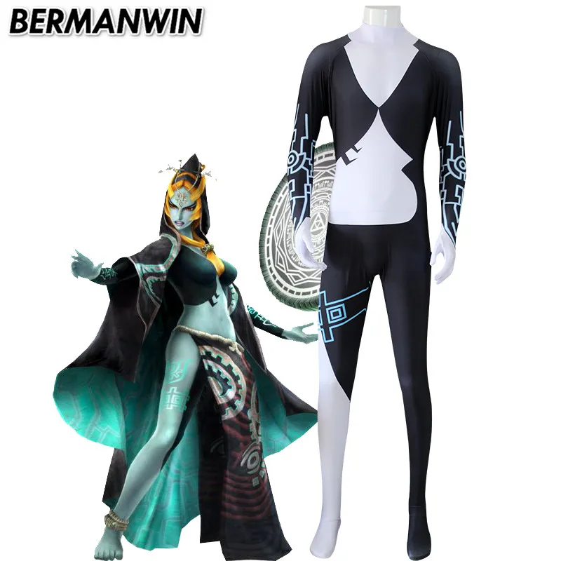 BERMANWIN высокое качество Сумеречная принцесса Midna костюм черный белый спандекс для