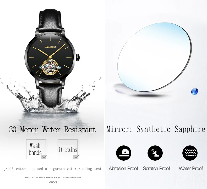 JSDUN женские часы Tourbillon Роскошные кожаные автоматические механические часы женские полностью стальные скелетные водонепроницаемые спортивные часы