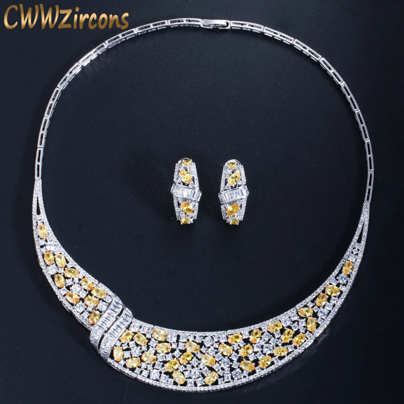 

CWWZircons Luxury Yellow Cubic Zirconia Stone Bridal Party Choker Necklace Earrings Sets for Brides Wedding Jewelry Set T018