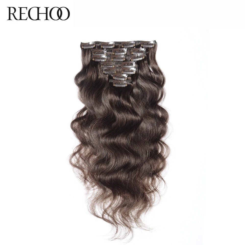 Rechoo Человеческие волосы Remy для наращивания на заколках, малазийские волнистые волосы на заколках#4 цвета, 100 г, 120 г, 18, 22 дюйма