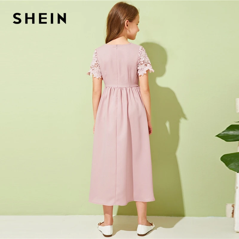 SHEIN Kiddie розовый гипюр кружева аппликация девушки милое платье Лето короткий рукав Высокая талия длинные расклешенные платья для подростков