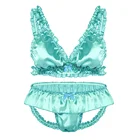 IEFiEL, 2 шт., гей, мужские комплекты с Сисси, мягкое атласное эластичное Плиссированное нижнее белье с оборками, комплект бикини, бюстгальтер, топ с открытой спиной, трусы, нижнее белье