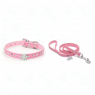 pink Бриллиантовый цветок, яловая кожа, ПУ блестящий ошейник для собаки, стразы, мягкий поводок для питомца, набор для щенков, маленьких средних собак, аксессуары для шеи - Цвет: pink
