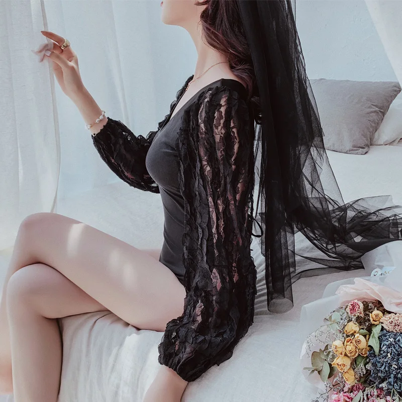 Летние сексуальные кружевные черные с длинным рукавом для защиты от солнца