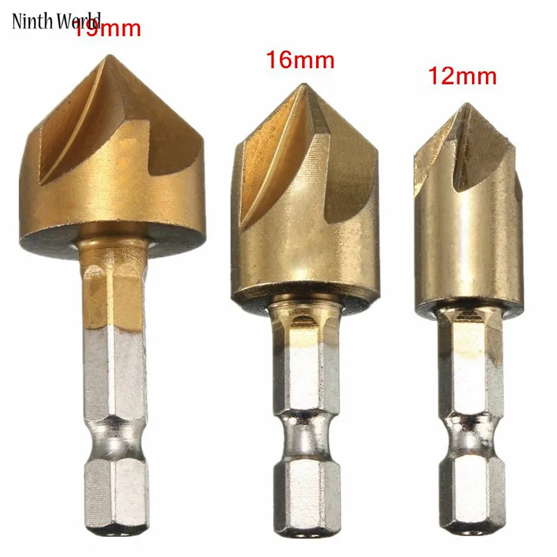 

3pcs 12/16/19mm 5 Flute Chamfer Countersink 1/4" Hex Shank HSS 90 Degree Wood Chamfering Cutter Chamfer Countersink Drill Bit
