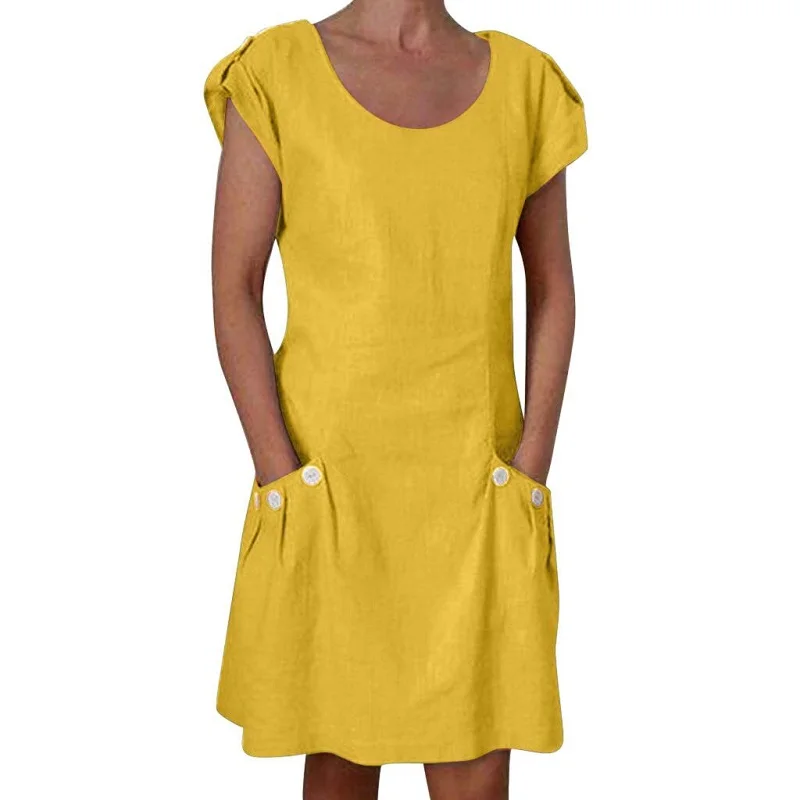 Solid Yellow ELSVIOS, 17 цветов, с принтом, о-образный вырез, льняное летнее платье для женщин, Ретро стиль, короткий рукав, карман, до колена, платье, повседневное, свободное, размера плюс, женское платье - Цвет: Solid Yellow