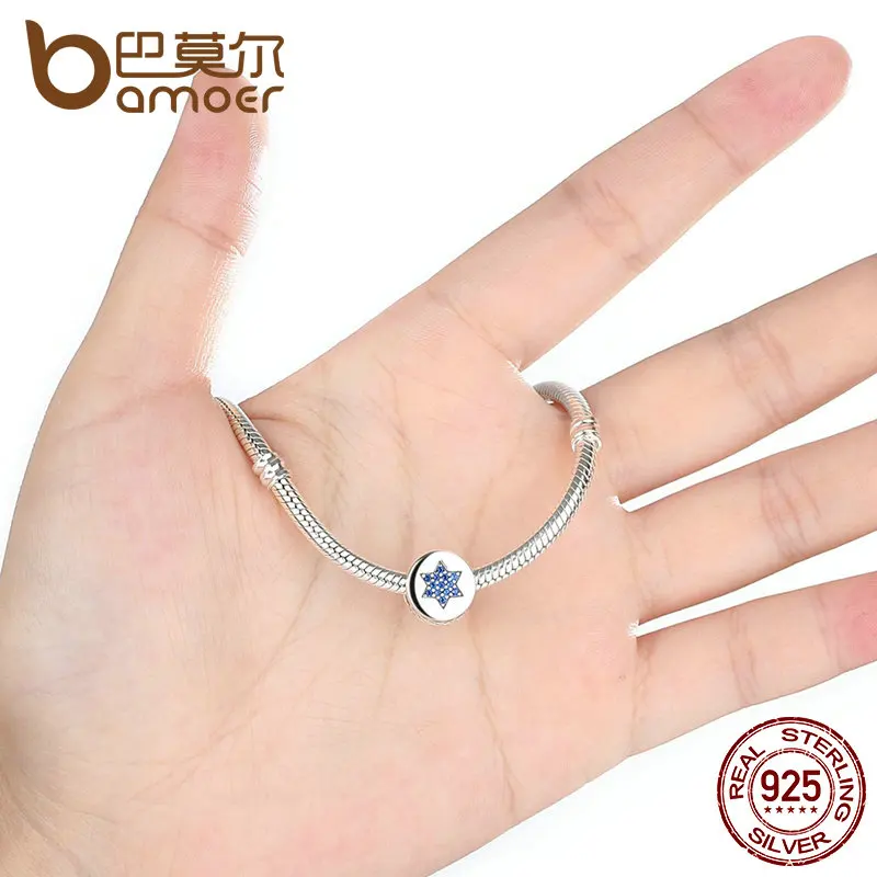 BAMOER, настоящие 925 пробы, серебряные, синие, Faith, круглые подвески, подходят для браслетов, женские бусины и ювелирные изделия SCC105
