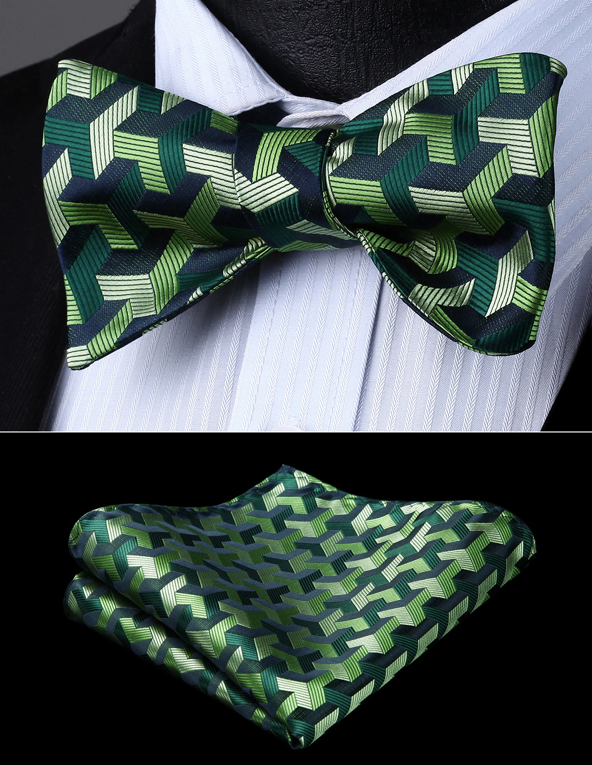 Bow Tie handkerchief set Men Woven Party Wedding Green Geometric Self Pocket Square Set#BG804GS | Аксессуары для одежды