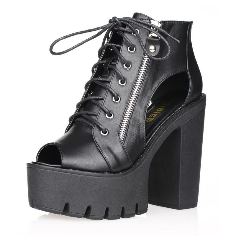 5 стиль толстый пятки женщины лето сапоги шнуровка платформа обувь пип-ноги палец