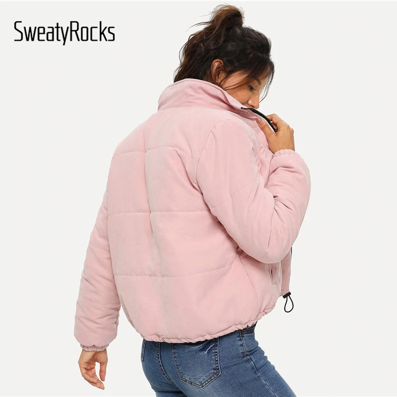 SweatyRocks, розовая куртка на молнии спереди с высоким воротником, толстая женская зимняя куртка, с плетеным низом, новинка, повседневные куртки и топы