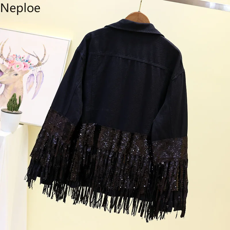 Neploe, женская черная, белая джинсовая куртка, высокое качество, свободные джинсовые куртки, пальто, расшитое блестками, с кисточками, уличная одежда, универсальная верхняя одежда 38573