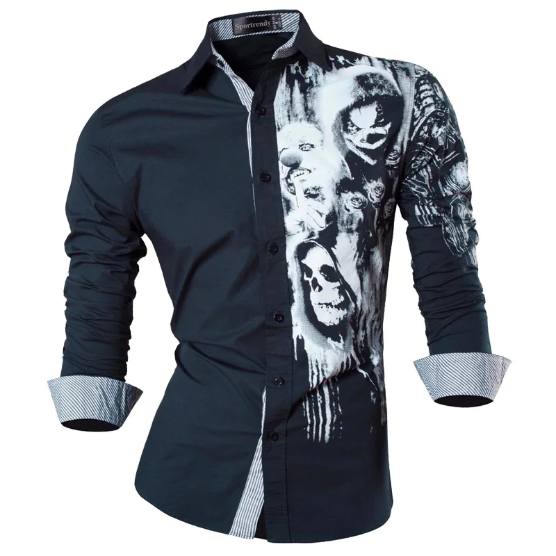 JZS047-Navy Sportrendy, мужские рубашки, повседневные, модные, с длинным рукавом, облегающие, стильные, с принтом черепа, татуировки, JZS047 - Цвет: JZS047-Navy