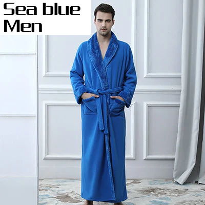 Sea blue men Хит, для влюбленных, двойной слой, уплотненный, удлиненный зимний халат для женщин и мужчин, термальное кимоно из рунной шерсти, банный халат, теплые халаты, Халат - Цвет: Sea blue men