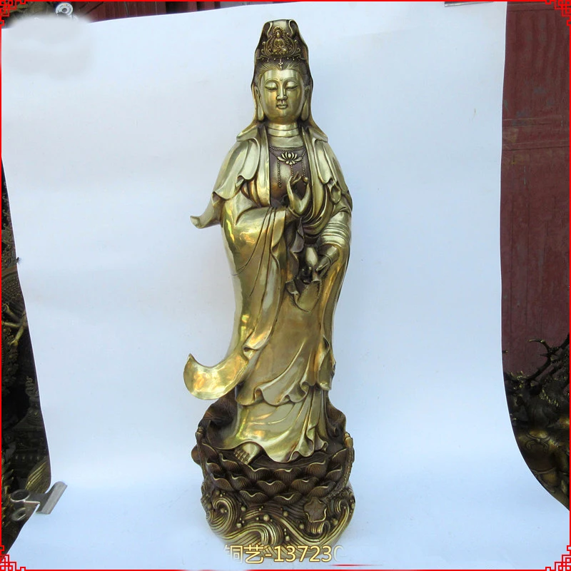 Escultura de Bronze Estátua de Buda Enorme-loja Casa Lobby Salão Bênção Talismã Ouro Art Guanyin Pusa 60 cm Grande