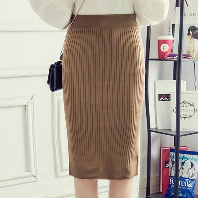 Autumn Women Knitted High Waist Skirts Knee-Length Pencil Skirt Vintage Package Hip Wool Jupe Femme Faldas Mujer | Женская одежда