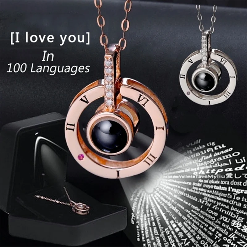 

Charm Rose Gold 100 languages I love you Projection Pendant Necklace For Women New Romantic Memory Wedding Necklace Gifts