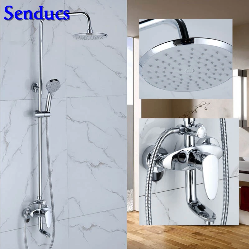

Senducs Intelligent Chrome Bathroom Shower Set 8 Inch Round Rain Shower Head Brass Shower Faucet Polished Chrome Shower System