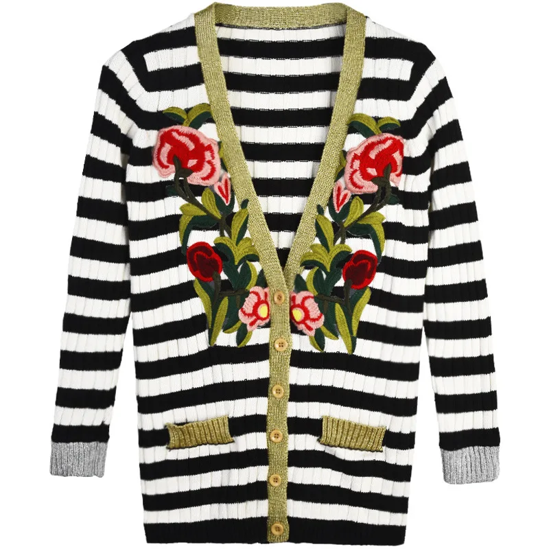 

New with heavy gold thread embroidery solid black and white stripes knit female long cardigan sweater loose