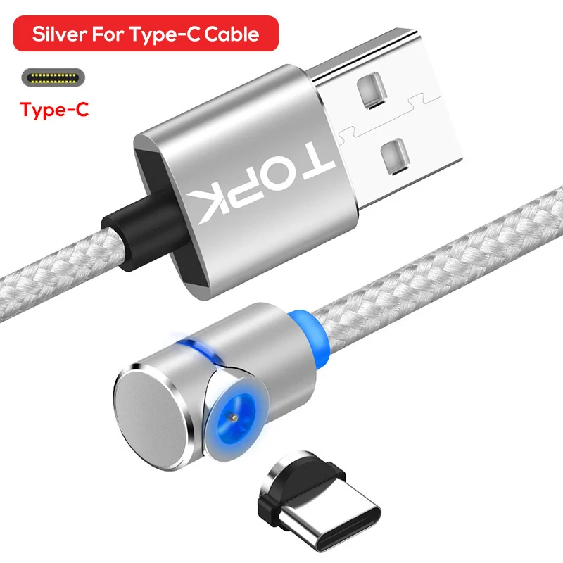 Silver Type-c Cable Магнитный кабель usb type C, TOPK L-Line1 кабель типа C с l-образной формой 90 градусов светодиодный кабель с магнитной USB-C для зарядки usb-c - Цвет: Silver Type-c Cable