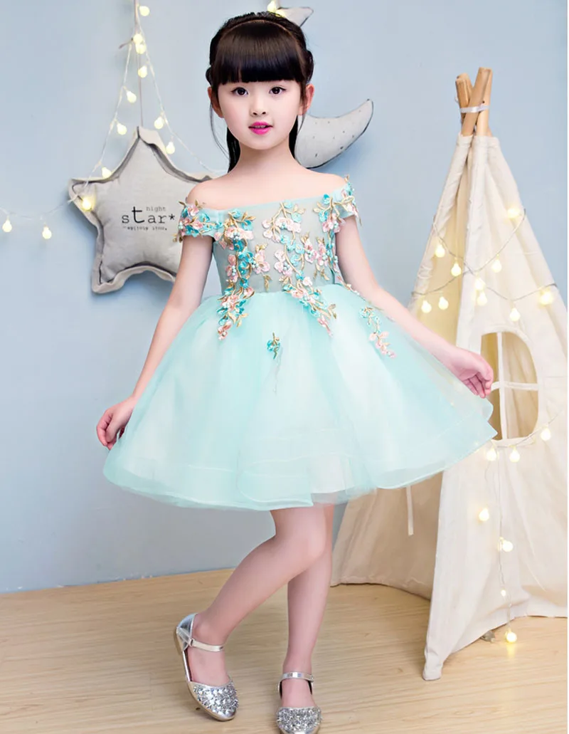 Short Dress IYEAL принцесса сиреневый длинный Девушки Бальные и конкурсные Детские платья выпускного вечера Пышное Тюлевое бальное платье без Плеч вышитое свадебное платье - Цвет: Short Dress