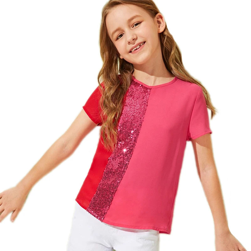 SHEIN Kiddie/Милая однотонная блузка с воротником-стойкой и оборкой для девочек детская одежда г., летний рукав-волан, топы с оборками на пуговицах сзади