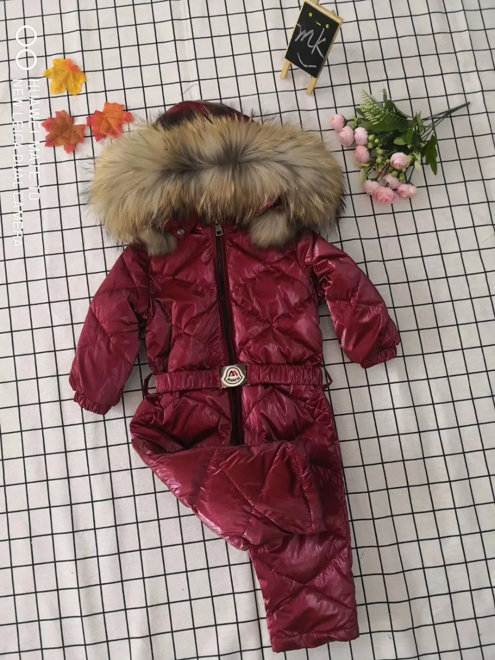 70cm-150cm Real fur hooded baby outergoing Winter children jumpsuit snow suit girl down boy Baby coveralls ski suit