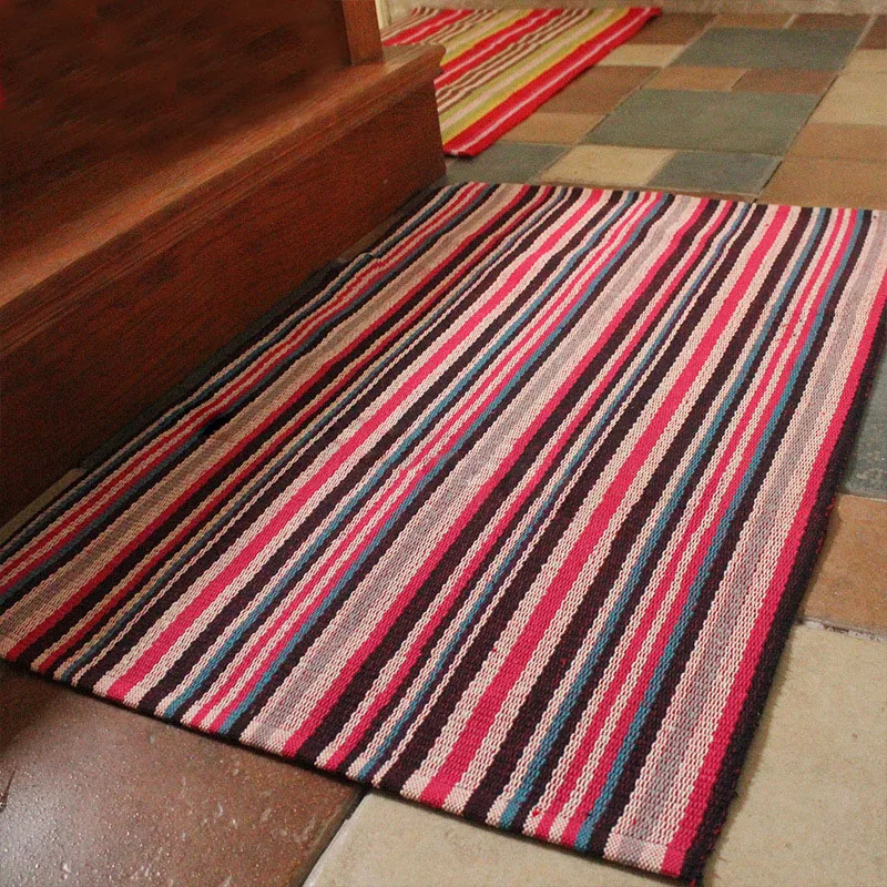 Nordic Literary Art Gray white Plaid Small Area Rug Grid Handmade Cotton Carpet Entry Door Balcony Bedroom Bedside Stripe Mat | Дом и сад